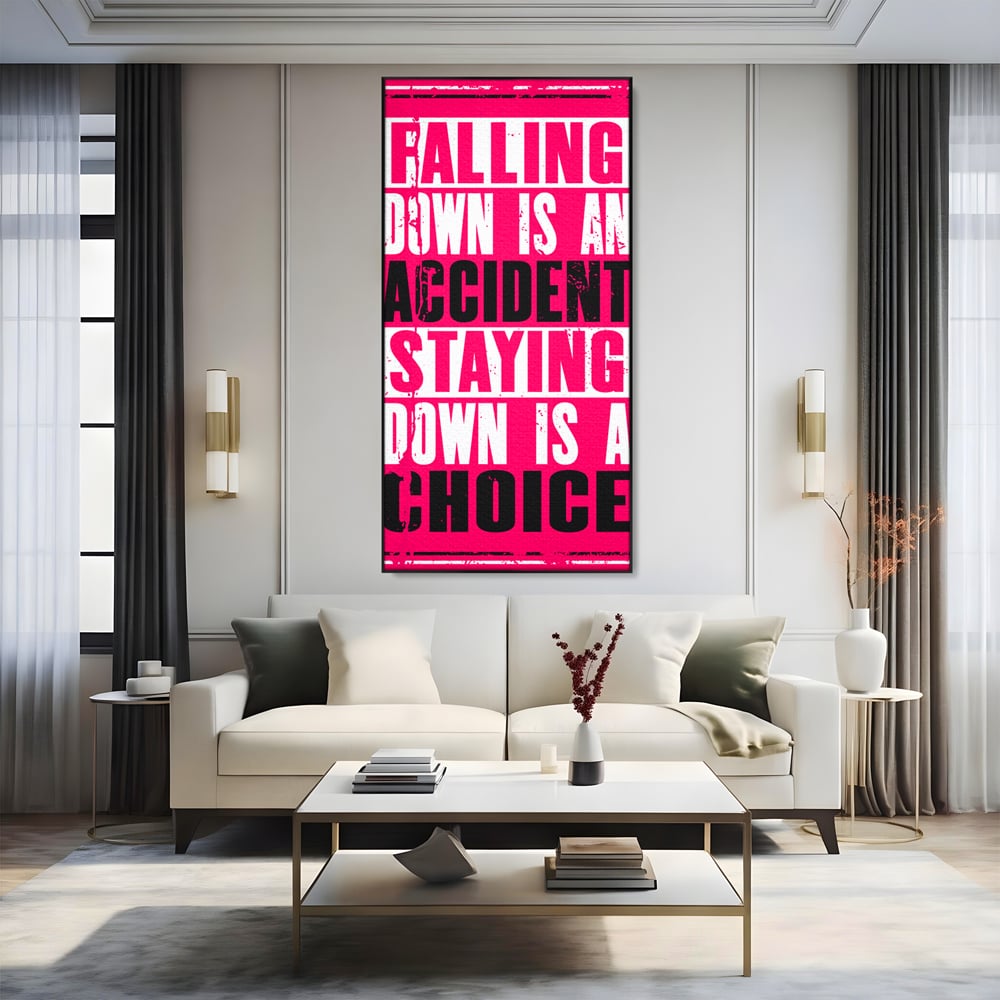 Tablou canvas cu tablou canvas cu citat motivational vertical, in rama de aluminiu negru, pe perete intr-un living